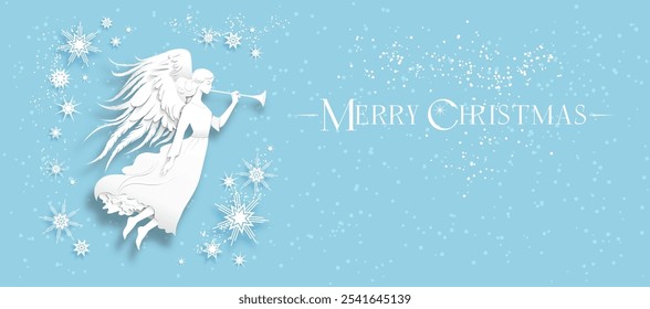 Silhouette of an angel on a snowy background. Blue Christmas illustration for card, banner,ticket, leaflet and so on.