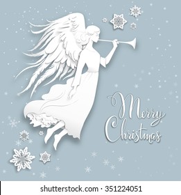 Silhouette of an angel on a snowy background. Luxury Christmas design for card, banner,ticket, leaflet and so on.