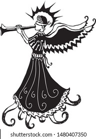 Silhouette of angel playing on trumpets