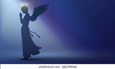 Silhouette of an angel in rays of light praying, religious or festive vector illustration