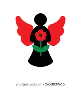 Silhouette angel with red wings holding a red flower with green stem leaves on poppy