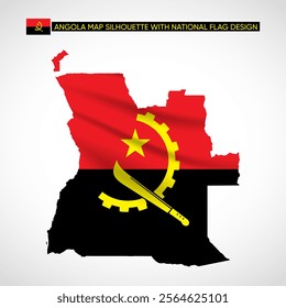 Silhouette of Angola map filled with the Angolan flag design, symbolizing national pride, cultural identity, and geographic significance.  
