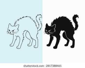 Silhouette of an angry black cat with an arched back and spiky fur for spooky halloween animal mascot and superstitious folklore design