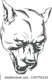 Silhouette angry dog head pitbull isolated contour on black-and-white no background vector illustration