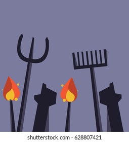 Silhouette Of Angry Mob Holding Pitchforks And Torches 