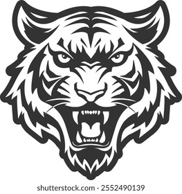 Silhouette of an angry tiger roaring in black, print and icon.