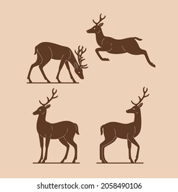 Silhouette of animal. Illustration of deer in various poses.  Vector illustration for emblem, badge, insignia.