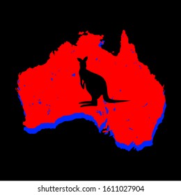 Silhouette animal kangaroo on red fire-burning card. Vector silhouette map isolated on black background. Forest fires. Pray for Australia. World peace. Fight together. Pray for rain.Pray for Sydney.