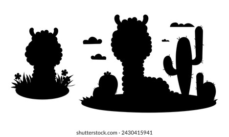 Silhouette animal. Llama Alpaca with cacti and clouds and sheep in grass with flowers. Black hand drawn. Vector illustration