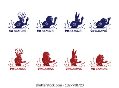 Silhouette of animal man use smartglasses VR Box (Virtual Reality) helmet logo vector in EPS file. Illustration of playing visual simulation and 3d game online.