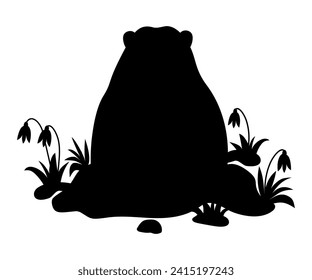 Silhouette of animal marmot in snow with snowdrops. Holiday Groundhog Day February 2. Vector illustration