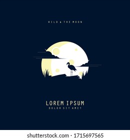 Silhouette of an animal standing on a hill. Full moon on the background.