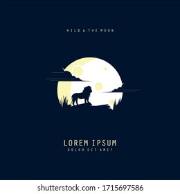 Silhouette of an animal standing on a hill. Full moon on the background.