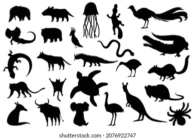 Silhouette animals of australia. Nature fauna collection. Geographical local fauna. Mammals living on continent. Vector illustration