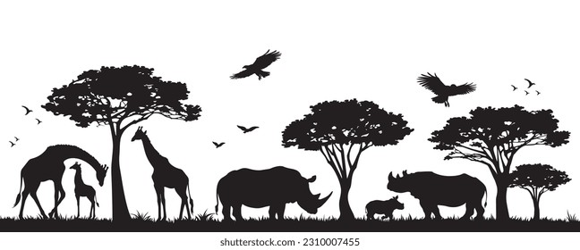 Silhouette de animales y pájaros en la sabana. Escenario paisajístico africano. Vector horizontal sin costura con rinocerontes, jirafas y aves voladoras. Silueta aislada negra
