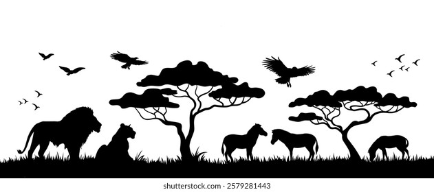 Silhueta de animais e pássaros na savana. Cenário da paisagem africana. Vetor horizontal plano de fundo tropical sem emenda com leões, zebras e pássaros voadores. Silhueta isolada preta