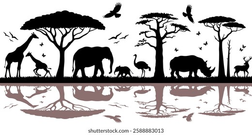 Silhouette of animals and birds in the savannah. African landscape scene. Vector horizontal seamless tropical background with rhinos, giraffes and flying birds. Black isolated silhouette