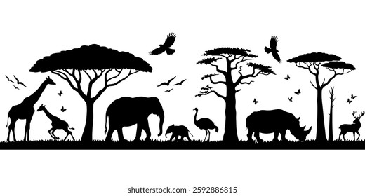 Silhouette of animals and birds in the savannah. African landscape scene. Vector horizontal seamless tropical background with rhinos, giraffes and flying birds. Black isolated silhouette