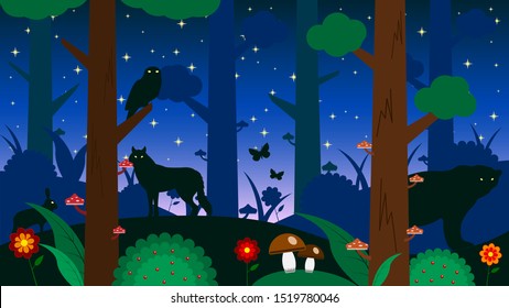 silhouette animals hiding behind the trees in the night forest, starry sky in the background. Colorful cartoon vector illustration