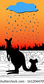 Silhouette animals koala,kangaroo under a cloud with rain..Vertical social media stories wallpaper.Save the forest, animals,people in Australia,Sydney. Hand drawn lettering.World peace.Fight together.