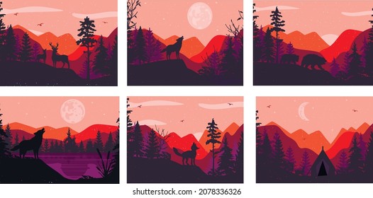 Silhouette Animals Landscape Mountains Forest Vector Stock Vector ...