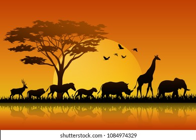 Silhouette animals on savannas