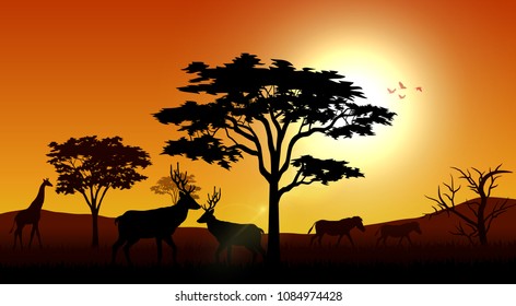 Silhouette animals on savannas