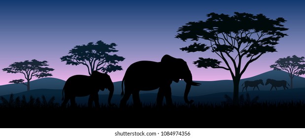 Silhouette animals savannas in the night