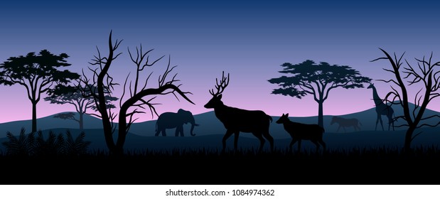 Silhouette animals savannas in the night