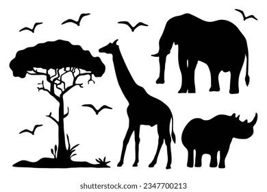 Silhouette of animals and trees in the savanna of Africa. Silhouette animals collection	

