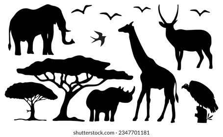 Silhouette of animals and trees in the savanna of Africa. Silhouette animals collection	

