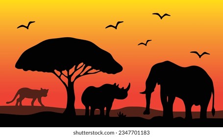 Silhouette of animals and trees in a savanna during the evening, against an African background.