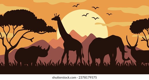 Silhouette of animals and trees in a savanna during the evening, against an African abstract  background
