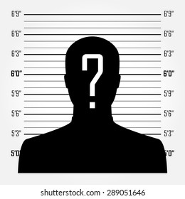 Silhouette of  anonymous man with question mark in mugshot or police lineup background