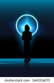 Silhouette of an anonymous person with dark technology theme and moon light in the background