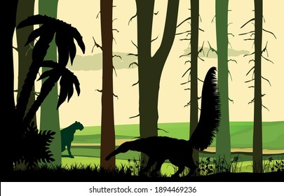 Silhouette of Ant eater walks on steppe, wildlife landscape, vector illustration