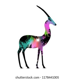 Silhouette of antelope with coniferous trees on the background of colorful sky.  Northern lights.