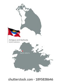 Silhouette of Antigua and Barbuda country map. Gray editable map with waving national flag and Saint Johns city capital, North America country territory borders vector illustration on white background