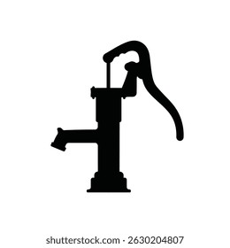 Silhouette of an antique water pump isolated against a pure white background for design purposes
