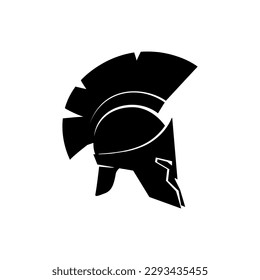 Silhouette antiques Roman or Greek helmet for head protection soldiers with a crest of feathers or horsehair with slits for the eyes and mouth, helmet on a white background, vector illustration