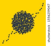 Silhouette of ants forming a round circle on yellow background. Crawling insects colony ring backdrop poster. Teamwork and cooperation concept.  Vector cartoon illustration. 