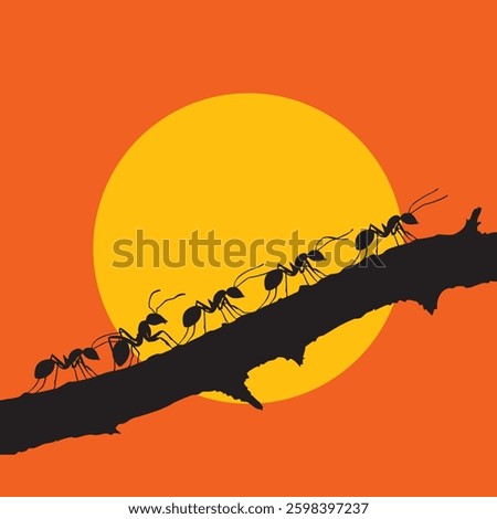 Silhouette of ants walking in a line on a branch, Simple vector illustration