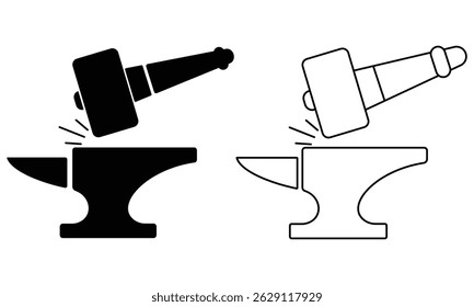 Silhueta de bigorna, símbolo de martelo e imagem. Vetor de ícone de ferreiro. Anvil e vetor de martelo. Ilustração vetorial.