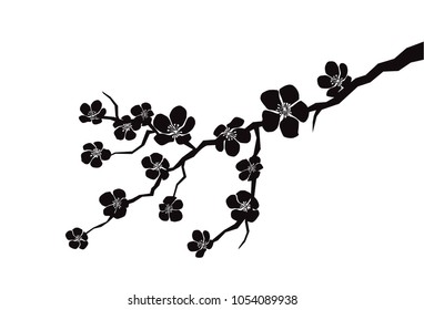 Silhouette of apple or cherry flower, branch  blossom,  black color, isolated on white background