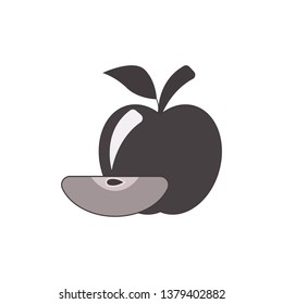 Silhouette apple icon. Whole apple with a slice. Fruit with branch and leaf. Vector illustration.