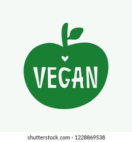 Silhouette of apple with text Vegan and heart. Vegetarian logo, print, sticker, symbol, label, poster. Simple vector illustration.