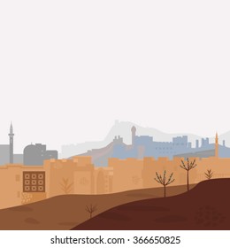 Silhouette of Arab Muslim city with domes, towers and trees. Panorama of the city.