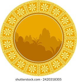 Silhouette of arabian cityscape scene inside round frame. Use for invitations,greeting, copy space, postcards, decorations