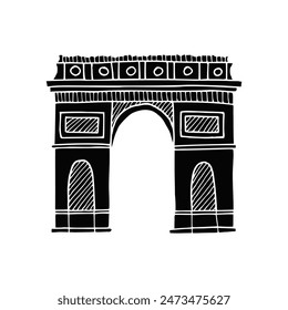 Silhouette of Arc de Triomphe, Triumphal Arch vector hand drawn illustration. Symbol of Paris. Vintage drawing painted by black inks for icon, logo or design