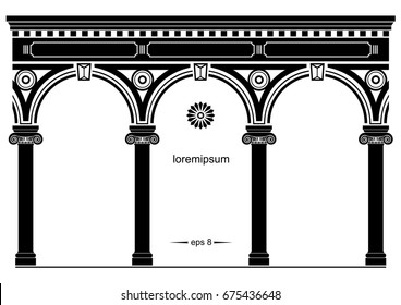 Silhouette of arched classical facade. Background for cover, invitation cards. Vector graphics